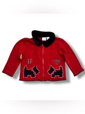 Vintage Green Dog Red Scottish Terrier Cardigan Girls Size 4T Faux Fur Scottie
